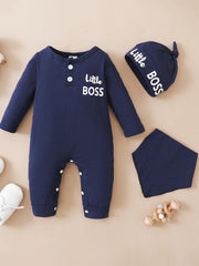 Baby Boys Long Sleeve Jumpsuit Bib & Hat Set