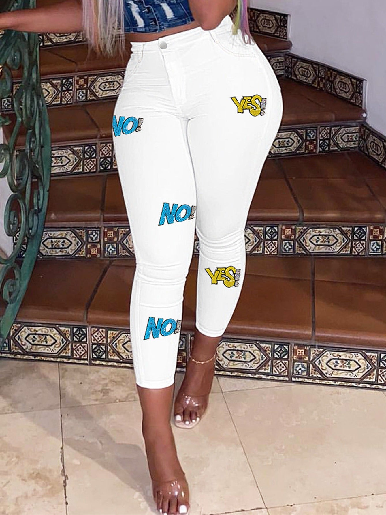 Graffiti Letters Print Skinny Jeans High Rise Slight Stretch
