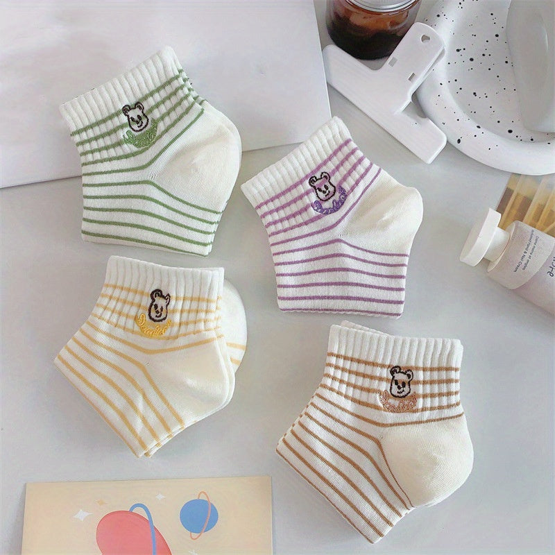 4 Pairs Stripe & Bear Pattern Socks Ribbed Short Socks Women's Stockings