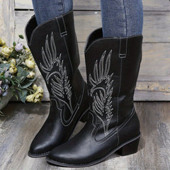 Women's Retro Wings Embroidery Cowboy Boots Point Toe Chunky Heel