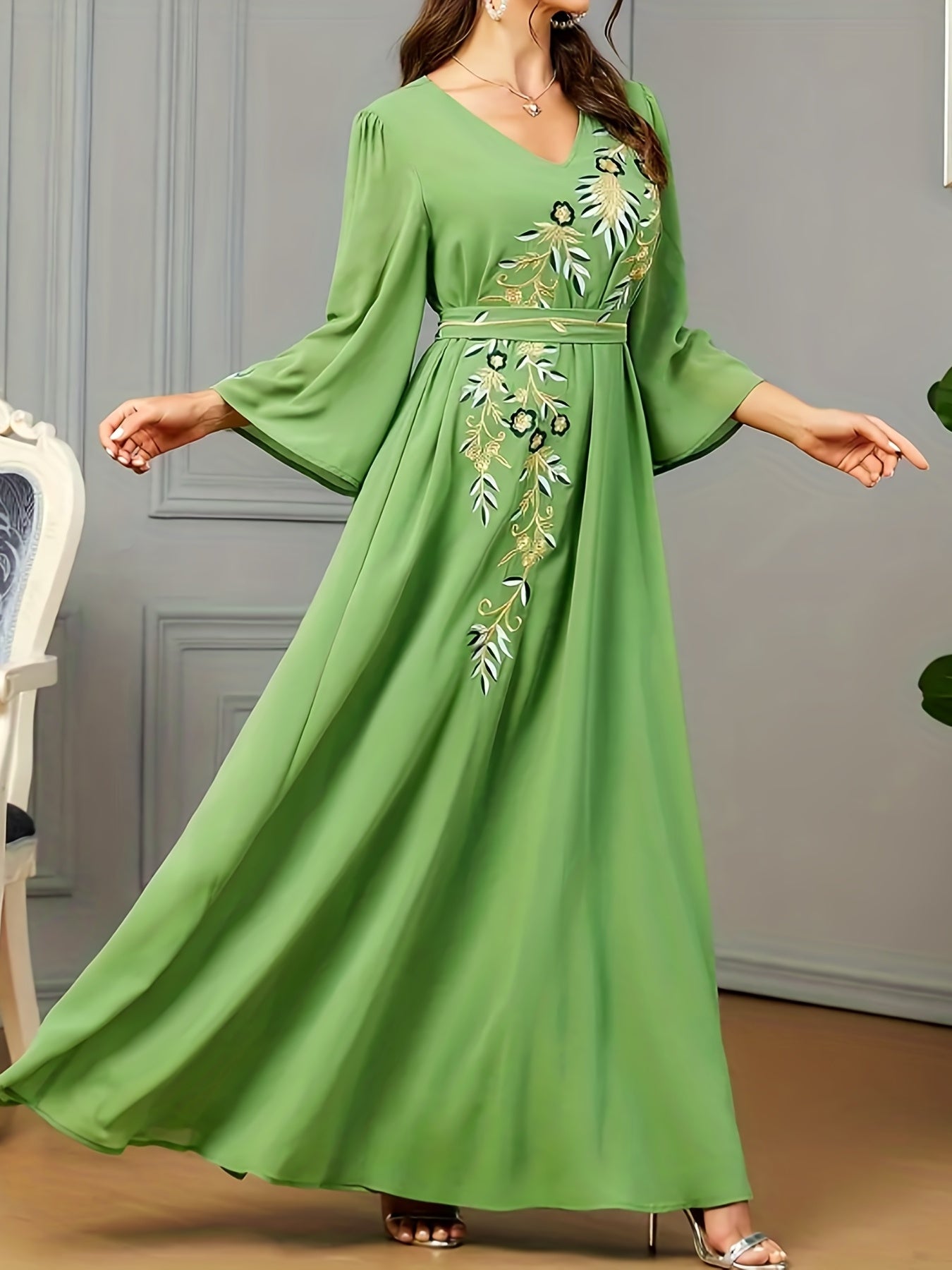 Floral Embroidery V Neck Maxi Jalabiya Dress