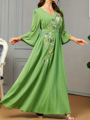 Floral Embroidery V Neck Maxi Jalabiya Dress