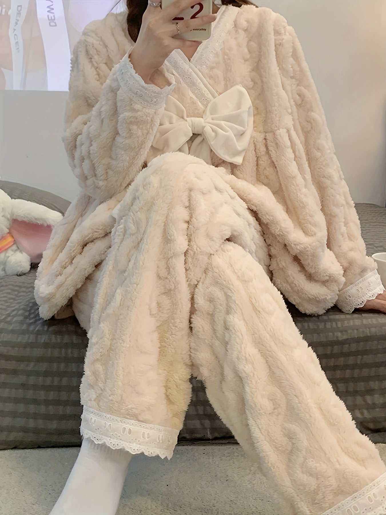 Plush Bow Sleepwear Set Women's Lingerie