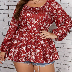 Ditsy Print Lantern Sleeve Square Neck Peplum Top