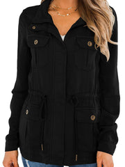 Casual Pockets Jacket Lapel Long Sleeve Loose Waist Drawstring Outerwear
