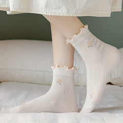 5 Pairs Floral Print Mesh Socks Thin Mid Tube Women's Stockings & Hosiery