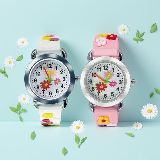 2pcs Small Flower Quartz Watch, Not Waterproof, School Birthday Gift
