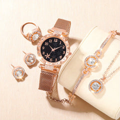 School Student Digital Rhinestone Quartz Wrist Watch & 5pcs Jewelry Set