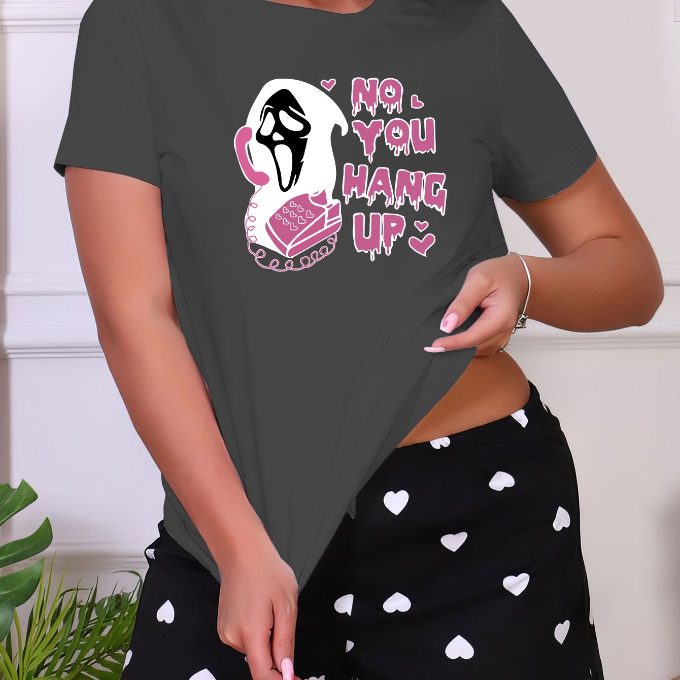 Skull Print Sleep Top Short Sleeve Crew Neck Women's Sleepwear
