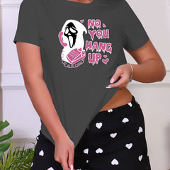 Skull Print Sleep Top Short Sleeve Crew Neck Women's Sleepwear