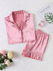 Satin Pajama Set Short Sleeve Top & Ruffle Shorts