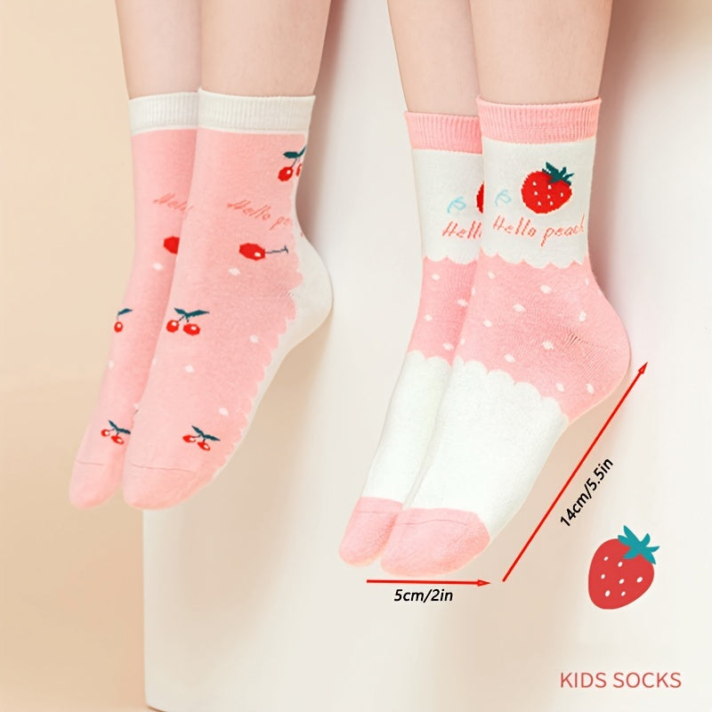 Girl's Cartoon Strawberry Striped Knitted Socks, 5 Pairs