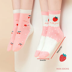 Girl's Cartoon Strawberry Striped Knitted Socks, 5 Pairs