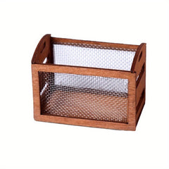 Mini Wood Storage Box with Iron Mesh Light Brown Dollhouse Decor