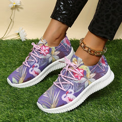 Floral Print Sneakers Lace Up Low Round Toe Casual Flatform Shoes