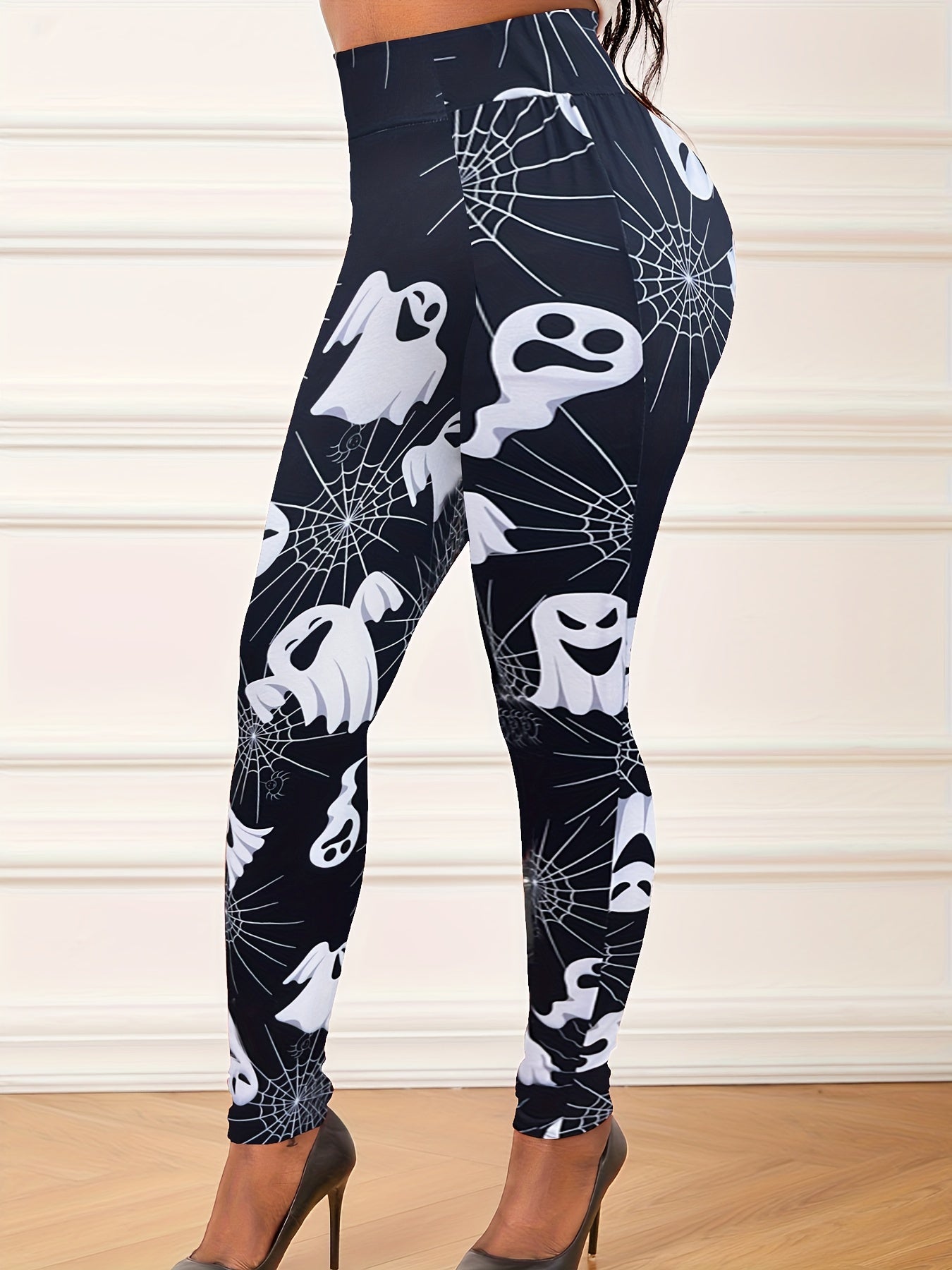 Halloween Leggings Women's Plus Ghost & Spider Web Print Leggings