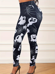 Halloween Leggings Women's Plus Ghost & Spider Web Print Leggings