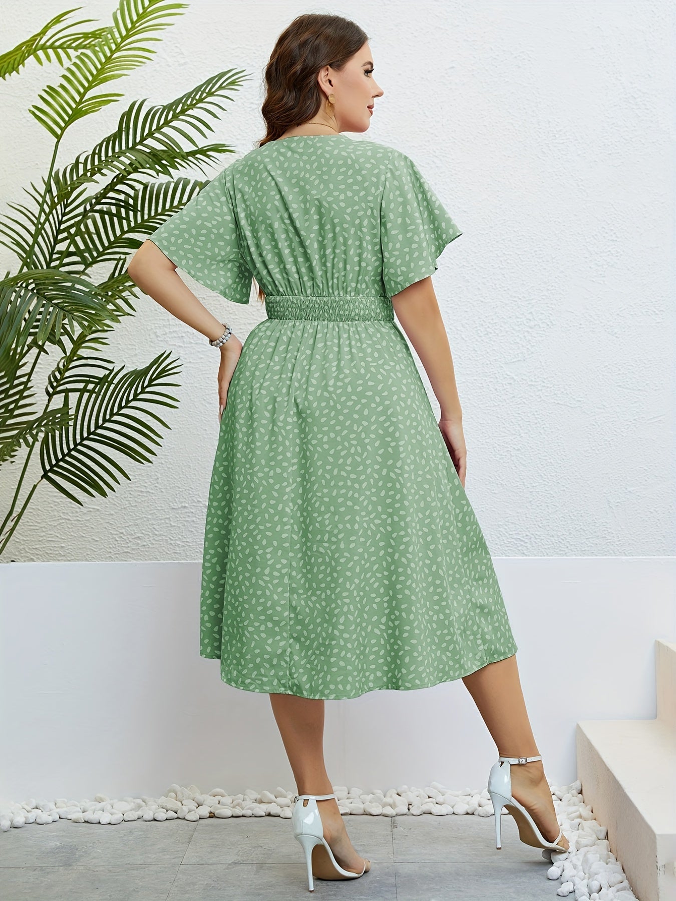 Butterfly Sleeve Surplice Neck Waist Pleated Dress