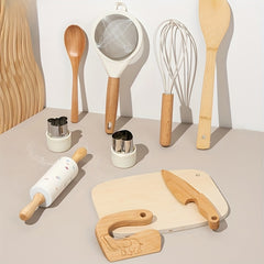 10pcs Wooden Kitchen Play Set with Chef Hat Knives and Play Food
