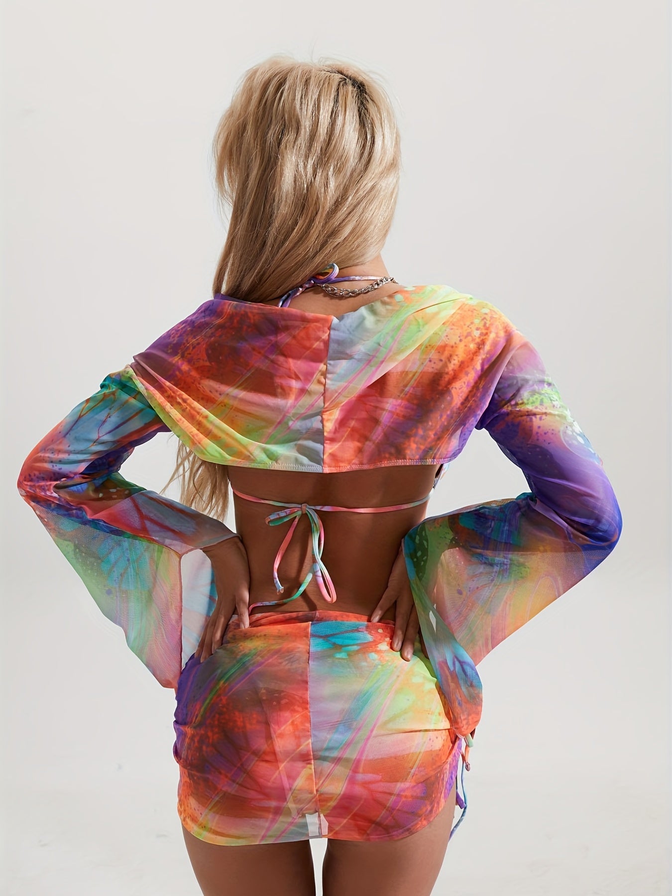 Rainbow Tie Neck Bikini & Bell Sleeve Shrug Wrap Coverups