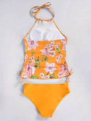 Floral Print Halter Tankini Set Backless 2 Piece Bathing Suit