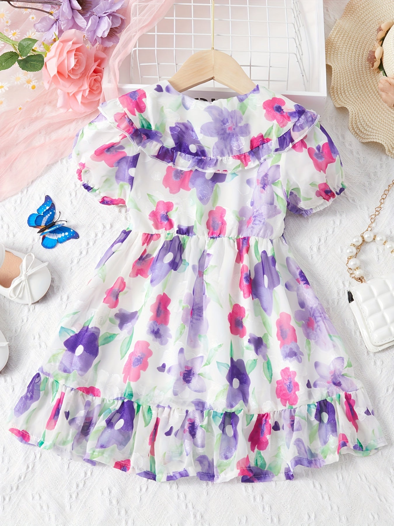 Girls Summer Princess Dress Short Sleeve Floral Dress For Children Clothing