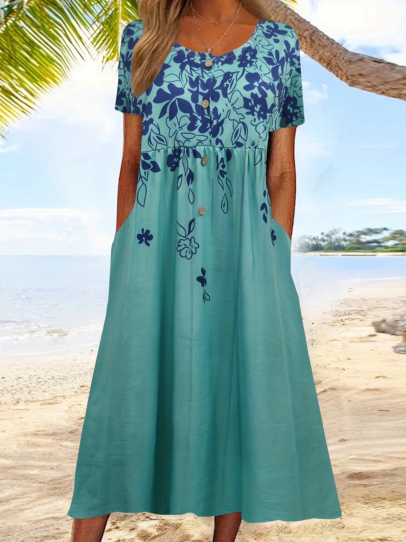Floral Print Button Up Short Sleeve Dress With Pockets