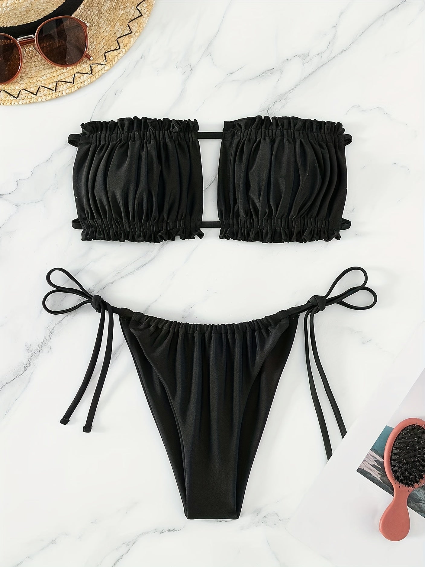 Ruched Bra Top Bandeau Tie Side High Cut Bikini Swimsuit