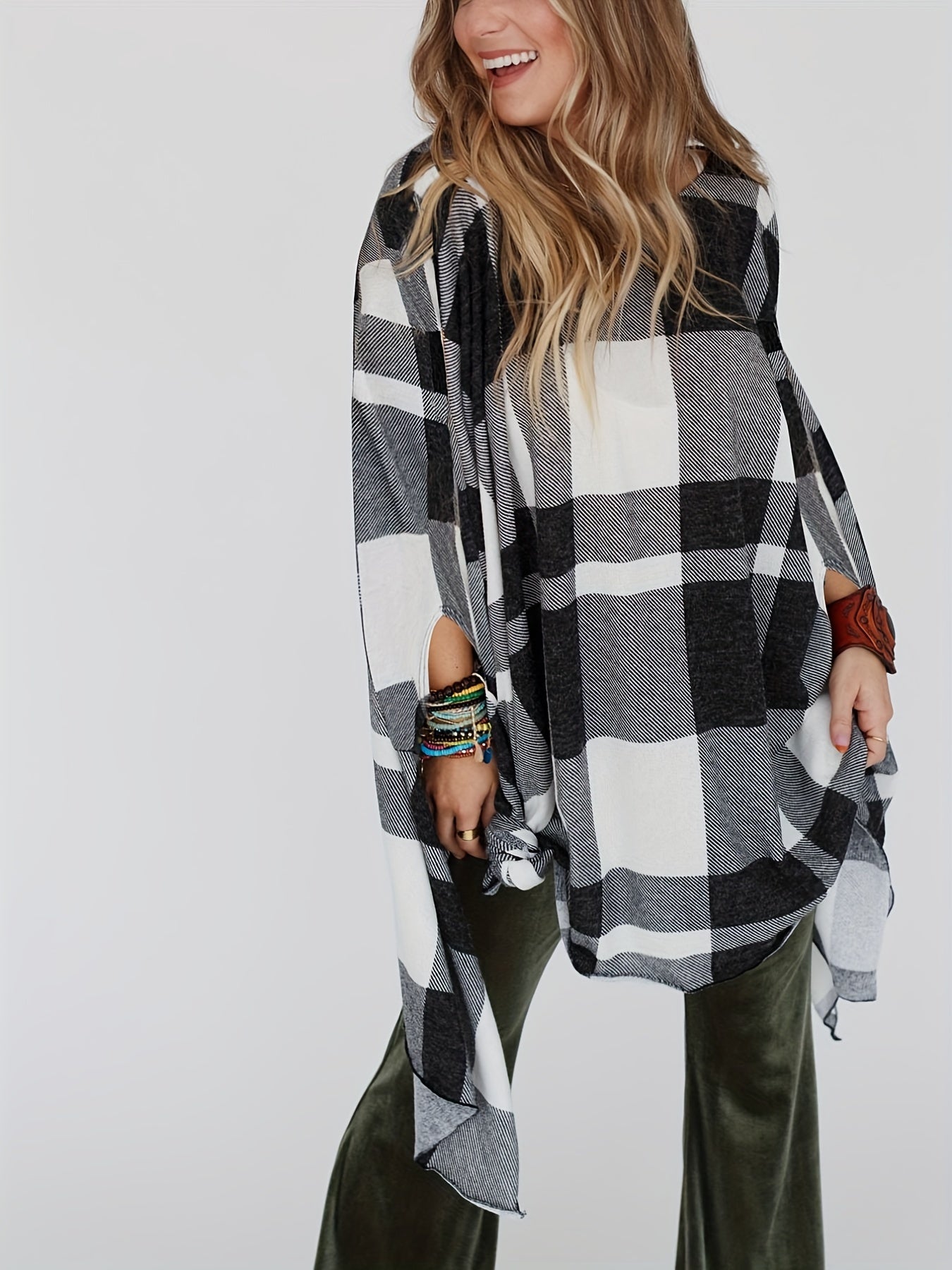 Plaid Round Neck Cover Up Blouse Loose Fit Casual Beachwear Cover Up Shirt