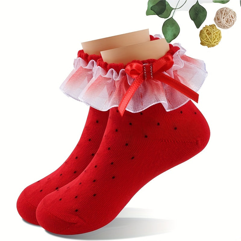 3 Pairs Girls Lace Ruffle Bow Socks for Autumn & Spring
