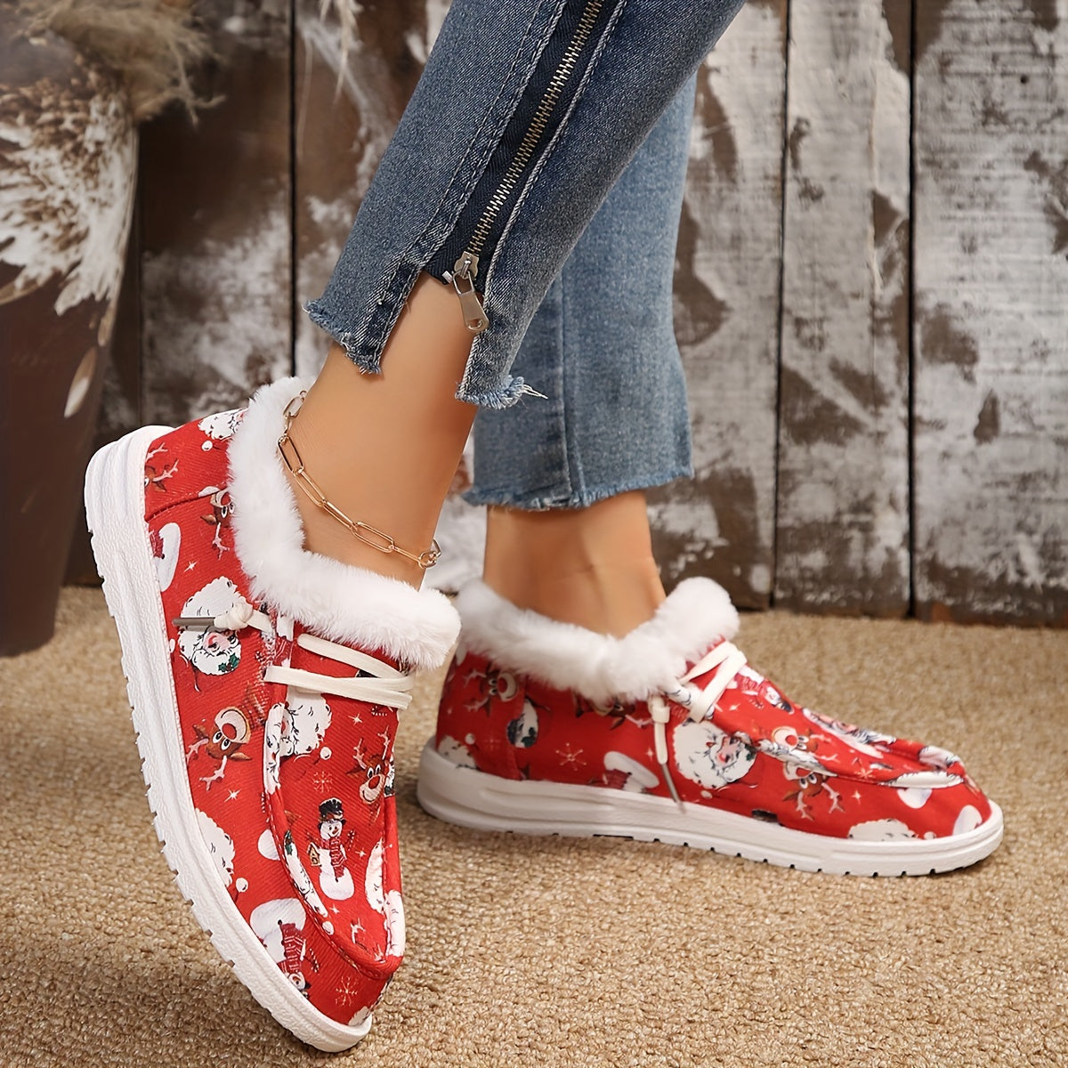 Christmas Snowman & Deer Cartoon Pattern Warm Fluffy Snow Shoes