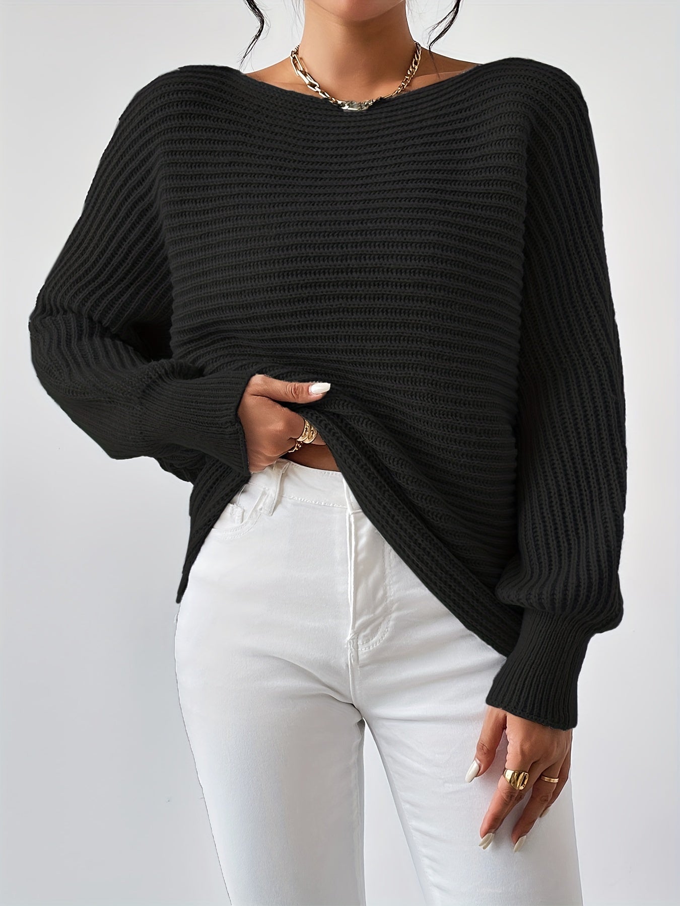 Solid Boat Neck Batwing Sleeve Sweater for Women