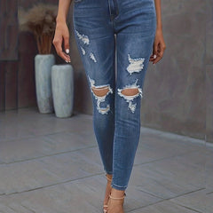 High Stretch Skinny Jeans Whiskering Knee Cut Distressed Denim Pants