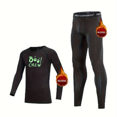 2pcs Kids Fleece Compression Sets Crew Print Pullover Matching Pants