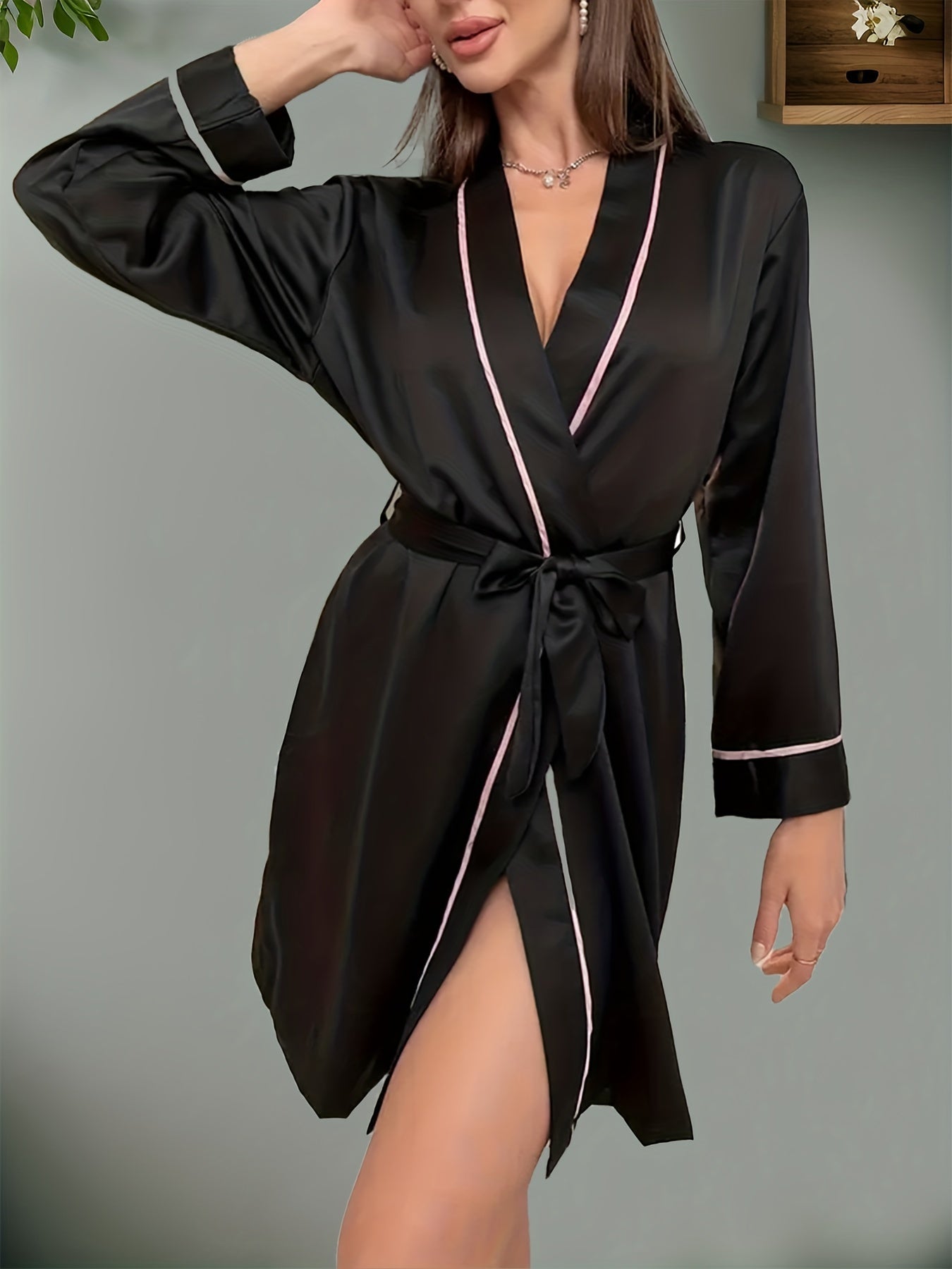 Long Sleeve V Neck Satin Night Robe with Belt