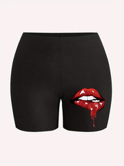 Lip Print High Rise Slim Fit Leggings Shorts