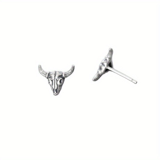 Silver Gray Goat Skull Stud Earrings Punk Alloy Earrings