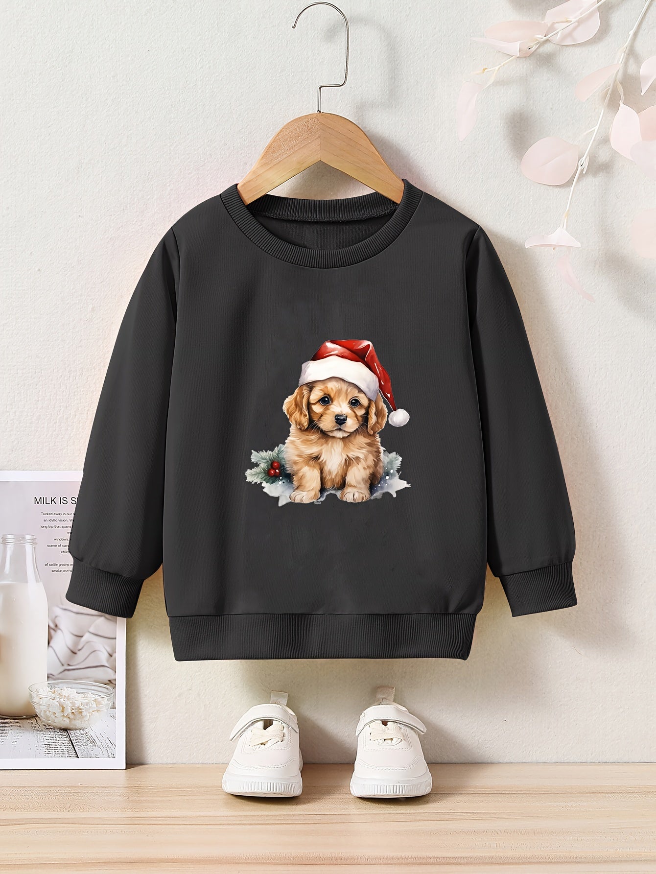 Christmas Dog Print Girls Casual Pullover Sweatshirt Long Sleeve Crew Neck Tops
