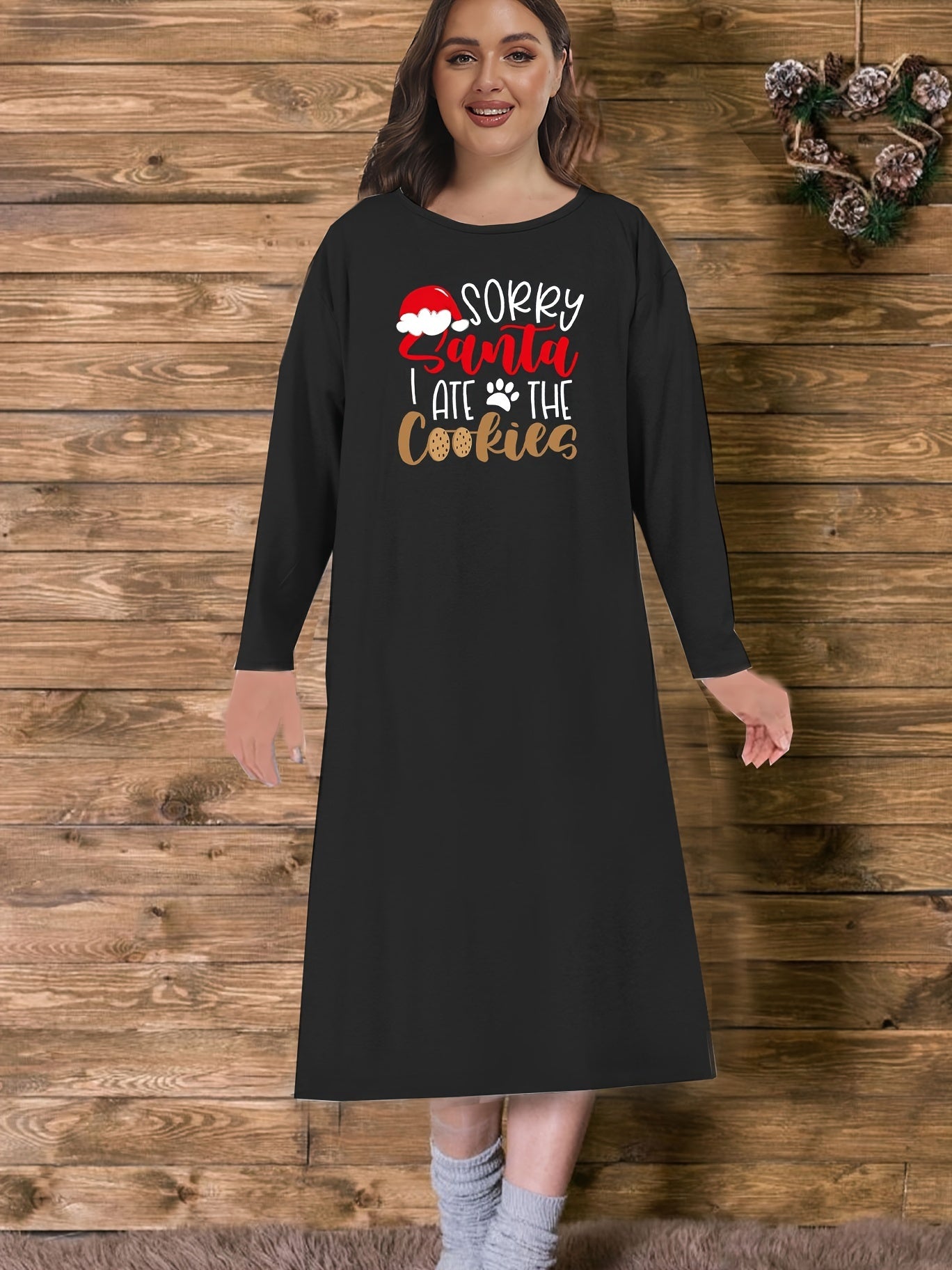 Christmas Loungewear Dress Women's Plus Christmas Hat & Slogan Print