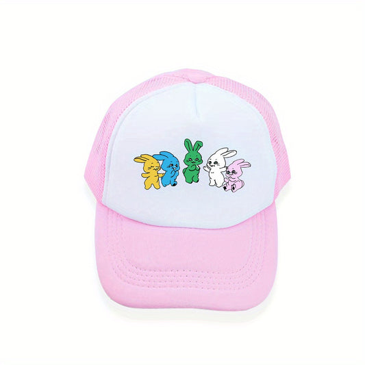 Colorful Rabbit Print Trucker Hat Y2K Pink Baseball Cap Mesh Kpop Sun Hat