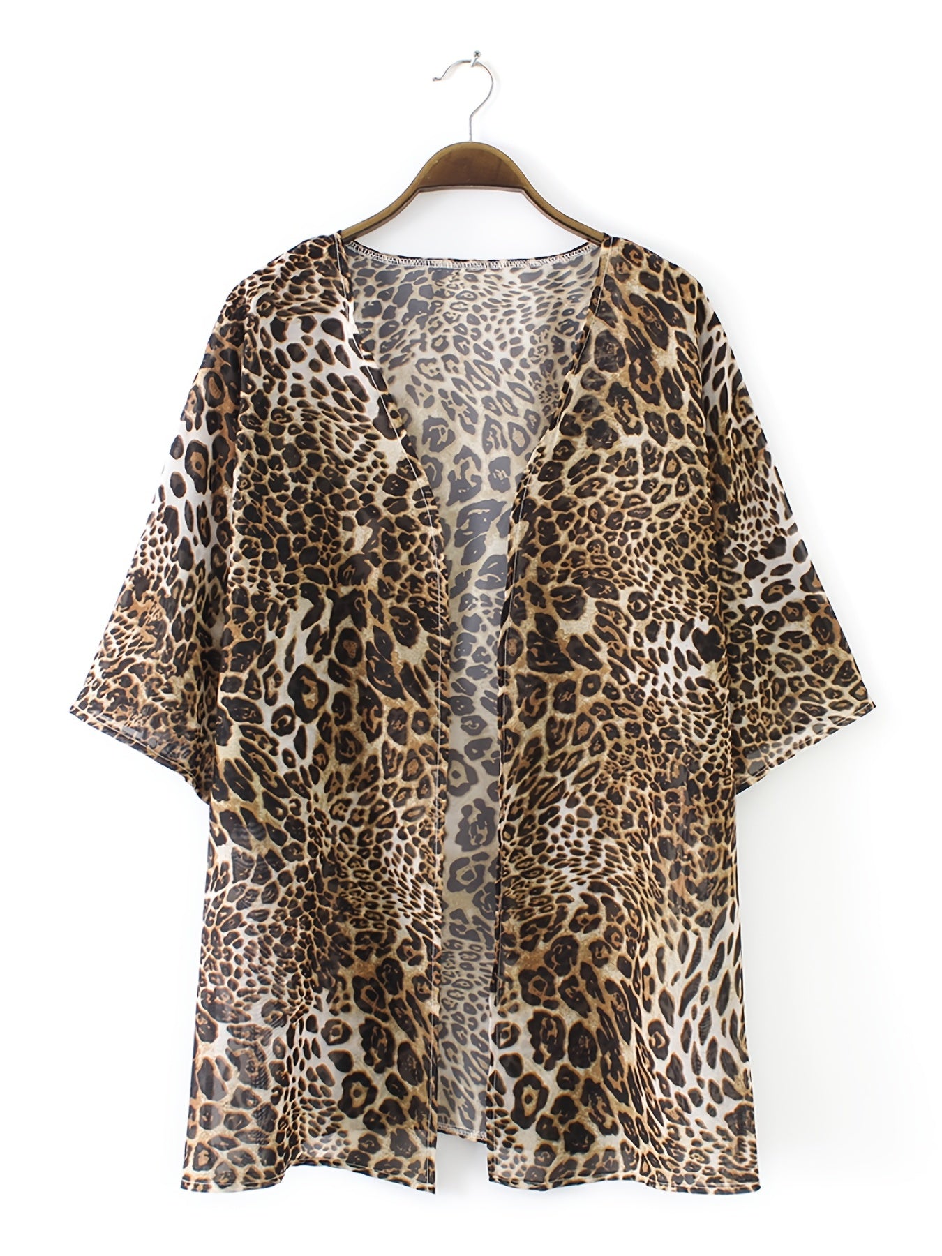 Leopard Print V Neck Cover Up Shirt Loose Fit Long Sleeve Rash Guard Kimono