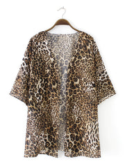 Leopard Print V Neck Cover Up Shirt Loose Fit Long Sleeve Rash Guard Kimono