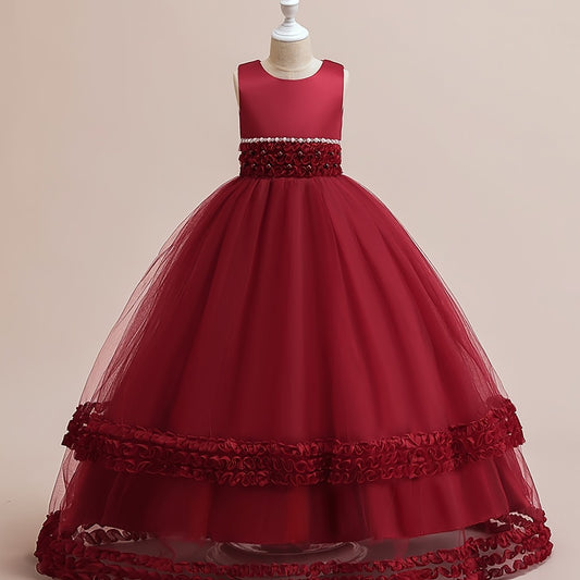 Girls Sleeveless Puffy Princess Dress Lace Trim Tulle Tutu Dress