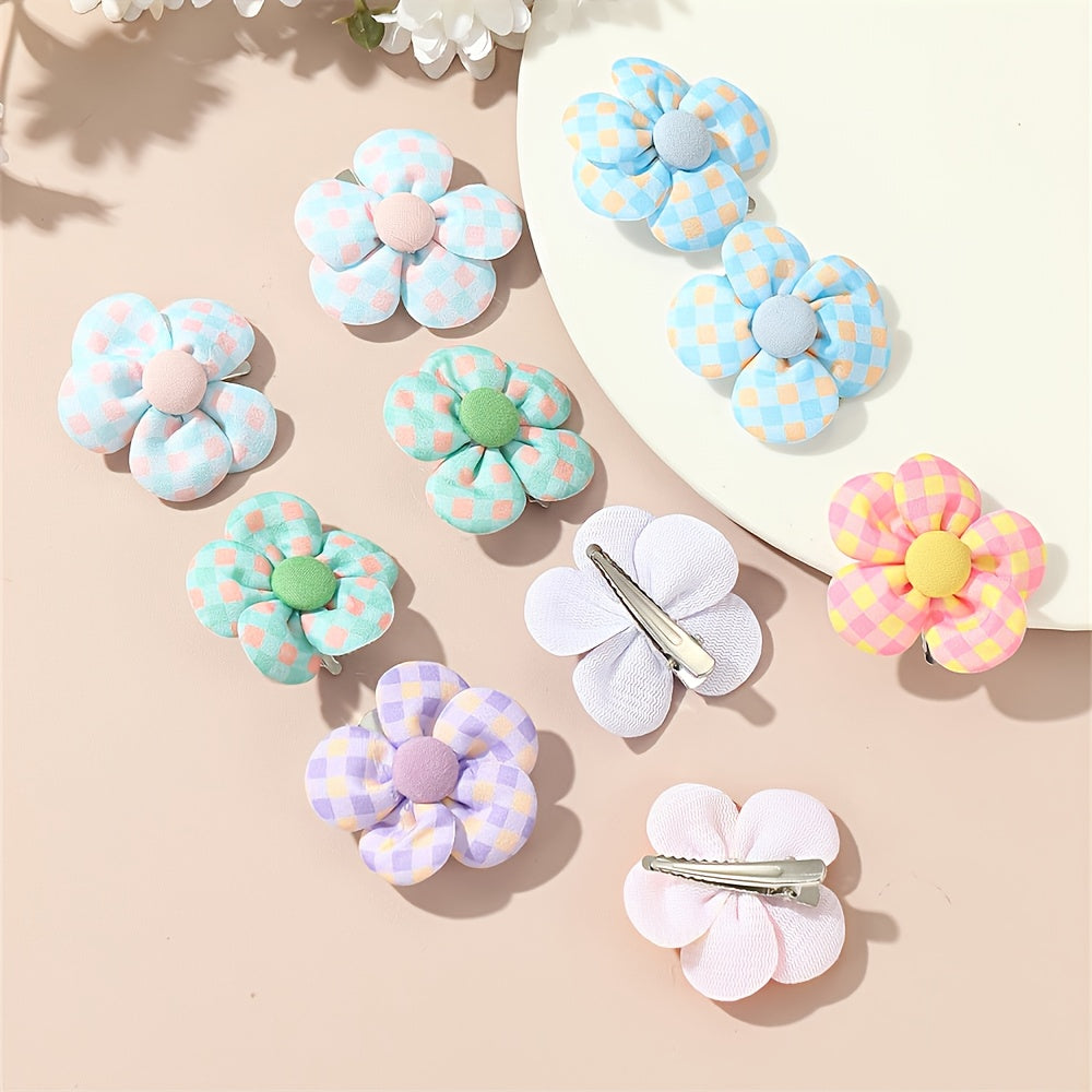 10pcs Girls Plaid Pattern Flower Hair Clips Side Clip Hair Accessories