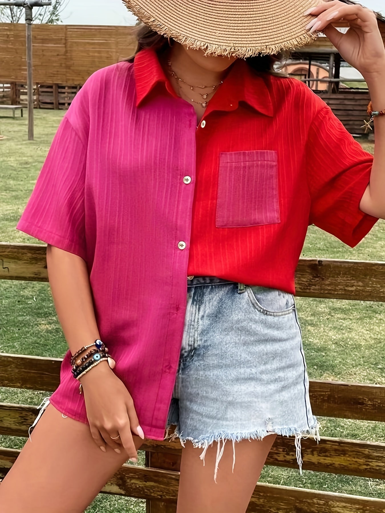 Colorblock Ribbed Short Sleeve Button Up Loose Fit Shirt