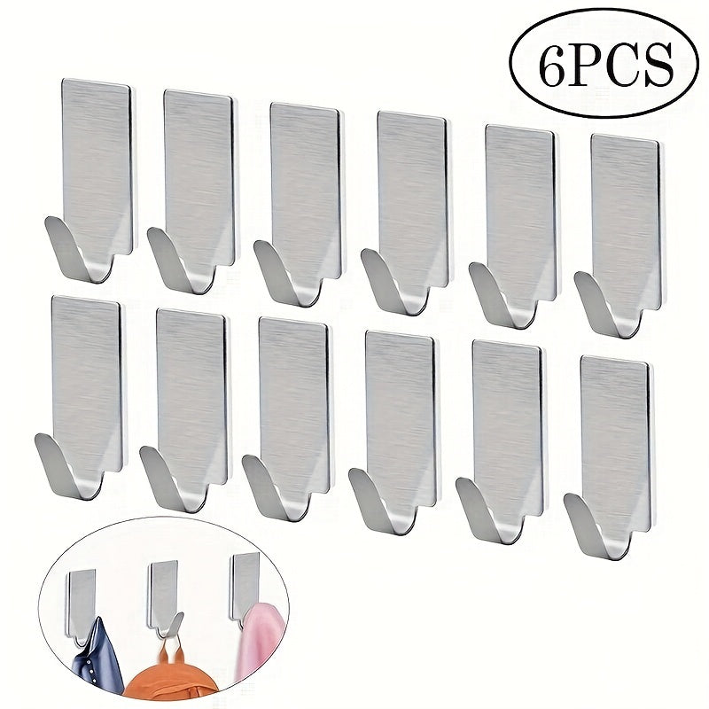 6pcs Adhesive SS Towel Hooks Family Robe Hanging Hats Bag Key Wall Hooks