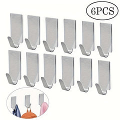 6pcs Adhesive SS Towel Hooks Family Robe Hanging Hats Bag Key Wall Hooks