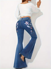 Floral Print High Rise Flared Leg Jeans