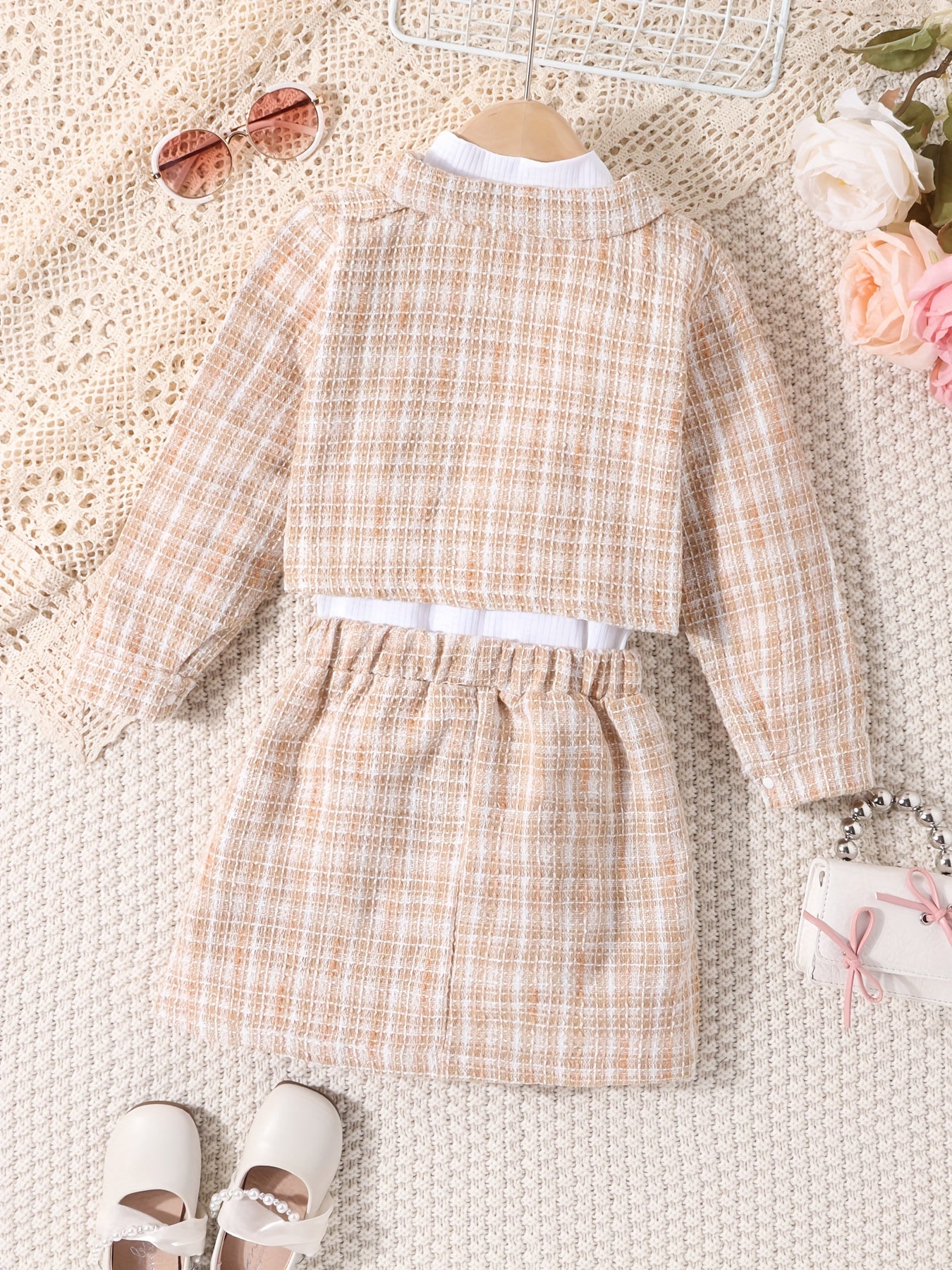 Girls 3pcs Turtleneck Top Coat Skirt Set Plaid Texture Casual Kids Clothes