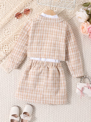 Girls 3pcs Turtleneck Top Coat Skirt Set Plaid Texture Casual Kids Clothes